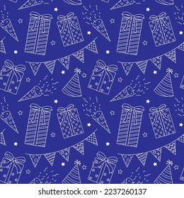white and blue doodle with birthday party design