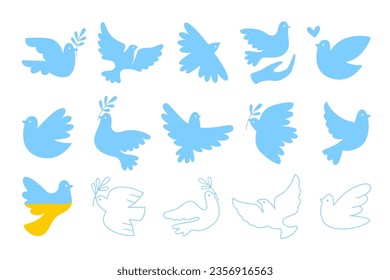 White and blue dove flying bird with olive branch, human hand, heart peace and no war support Ukraine patriotic talisman with national flag design isolated symbol silhouette set vector illustration