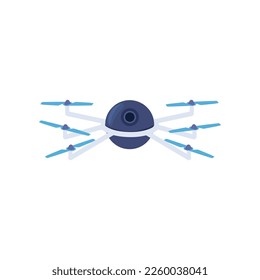 White and blue drone vector illustration. Vector illustration of unmanned robot for video surveillance and delivery. Cartoon flying aerial vehicle with camera isolated on white. Aircraft concept