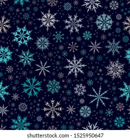 Weiß blaues, achtspitzengeflecktes, nahtloses Muster auf dunklem Hintergrund. Abstrakte Textur-Hintergrund-Vektorillustration. Winterxmas Neujahrsverzierung für Drucke, Verpackungen, Verpackungspapier, Grußkarte