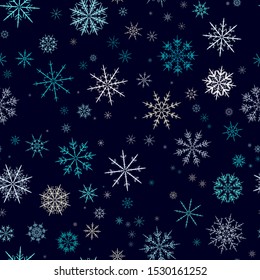 White blue eight-pointed snow flake tracery seamless pattern on dark. Abstract texture background vector illustration. Winter xmas new year ornament for prints, package, wrapping paper, greeting card