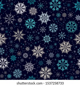 White blue eight-pointed snow flake tracery seamless pattern on dark. Abstract texture background vector illustration. Winter xmas new year ornament for prints, package, wrapping paper, greeting card