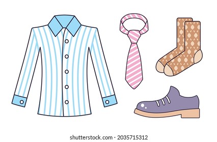 White blue fashionable formal dress shirt, pink striped tie, pair of brown socks, black classic elegant shoe for men, luxury business clothing and accessories isolated cartoon vector icons set.