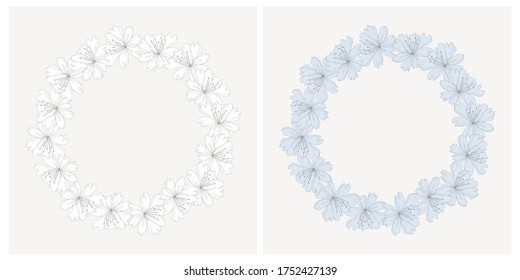 White and Blue Floral Wreaths Isolated on a Light Beige Background. Wild Flowers Round Shape Frame. Floral Vector Illustrations. Delicate Cornflowers Garland. Floral Blanks with no text.