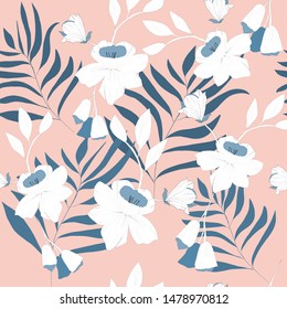 White and blue flower seamless pattern on pink background,illustration vector by freehand drawn, botanical art by watercolor technique,for textile prints or celebrated card or banner 