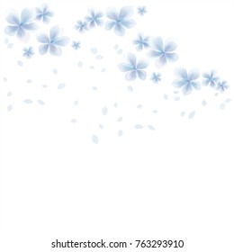 White Blue flowers and flying petals isolated on White background. Apple-tree flowers. Cherry blossom. Vector EPS 10, cmyk