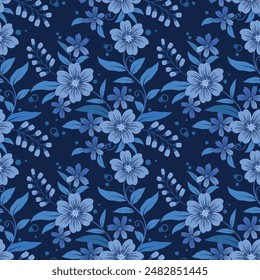 White and blue flowers on navy blue background seamless pattern for fabric textile gift wrapping paper wallpaper background.