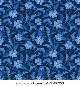 White and blue flowers on navy blue background seamless pattern for fabric textile gift wrapping paper wallpaper background.