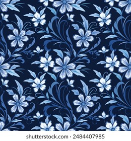 White and blue flowers on navy blue background seamless pattern for fabric textile gift wrapping paper wallpaper background.