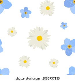 White and blue flowers seamless pattern. Isolated on a white background. For spring design and fashion prints.