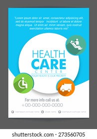 White And Blue Flyer With Colorful Medical Icons For Health Care Center. 