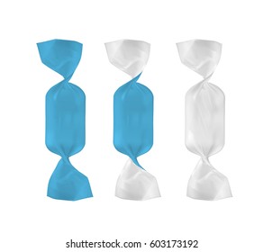 White and blue foil food snack pack for candy and other products.