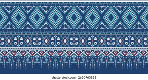 White and blue Geometric Abstract ethnic pattern, traditional background. Aztec line tribal seamless ornament. Border decoration. Design for wallpaper, textile, fabric, clothing, batik, carpet, Sarong