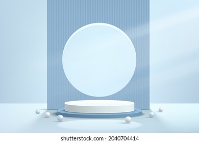 White and blue geometric pedestal podium with blue backdrop and sphere ball. 3D vector abstract studio room with luxury platform. Minimal scene for product presentation. Showcase, Promotion display.