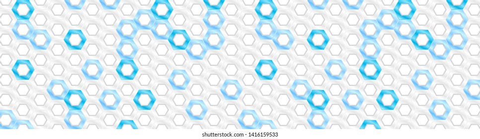 White and blue glossy hexagons tech abstract banner design. Vector background