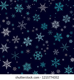 White blue gradient spot snow flake tracery seamless pattern on dark. Abstract geometric texture background vector illustration. Winter xmas new year ornament for prints, package, cover, greeting card