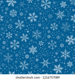 White blue gradient spot snow flake tracery seamless pattern on dark. Abstract geometric texture background vector illustration. Winter xmas new year ornament for prints, package, cover, greeting card