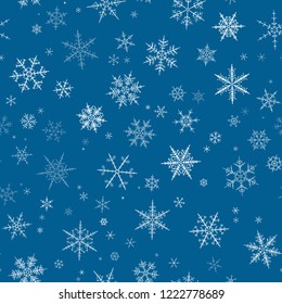 White blue gradient spot snow flake tracery seamless pattern on dark. Abstract geometric texture background vector illustration. Winter xmas new year ornament for prints, package, cover, greeting card
