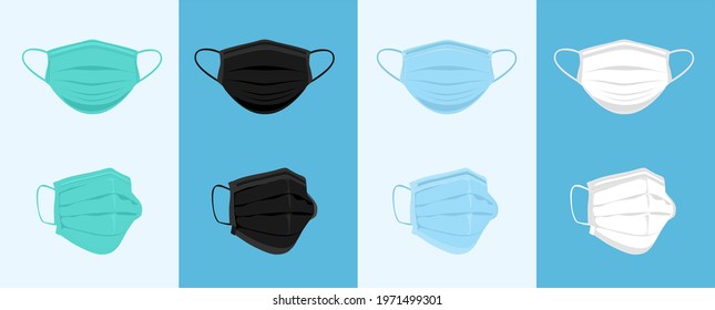 White, Blue, Green, Black Medical or Surgical Face Mask. Set of breathing protective medical, dust protection respirator, disease, virus prevention, flu protection, vector illustration.