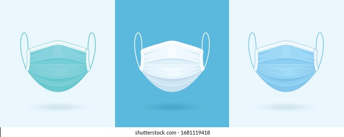 Mască de față albă, albastră, verde medicală sau chirurgicală. Protecţia împotriva virusului. Masca respiratorie respiratorie. Conceptul de îngrijire a sănătății. Ilustrare vectorială