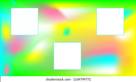 White, blue, green, pink and yellow pastel Easter vector background with copy space. Random mesh gradient used. there are three (3) blank white squares on the page 