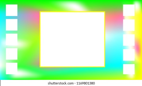 White, blue, green, pink and yellow pastel Easter vector background with copy space. Random mesh gradient used. A large blank white square is in the middle with 10 small squares on the sides 