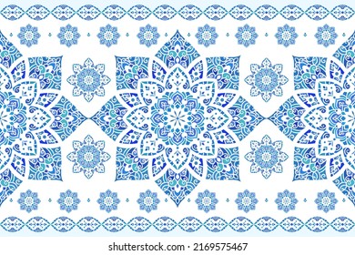 White, blue and green seamless pattern with mandala ornament. Traditional Arabic, Indian motifs. Great for fabric and textile, wallpaper, packaging or any desired idea.