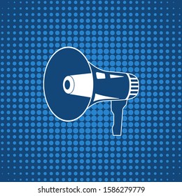 white and blue halftone speaker. concept of audio, music, control noise, special offer, pr. design element for web, emblem, poster, flyer. popular sign on pop art style background