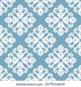 White and blue ikat damask Victorian style seamless vector pattern. Design for elaborate borders, carpet, curtains, tiles, blankets, and clothing.