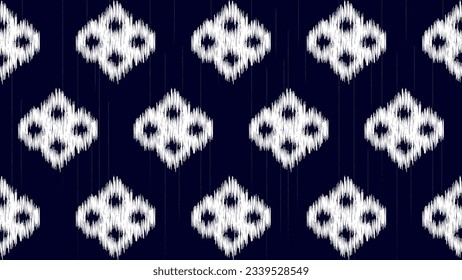 White and blue ikat ethnic design background. Seamless square curvy waves ikat pattern in tribal, Folk embroidery abstract wave art. Ornament print. Design for carpet, clothing, fashion, fabric.