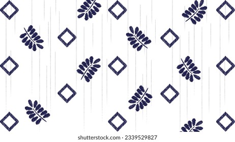 White and blue ikat ethnic design background, Seamless square and leaf curvy waves ikat pattern in tribal, folk embroidery abstract wave art. ornament print. Design for carpet, clothing, fashion.