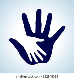 White and blue  illustration of hand in hand. Concept of help, assistance and cooperation.