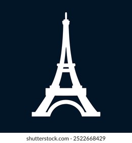 A white and blue image of the Eiffel Tower. The image is a silhouette of the tower, with the top of the tower visible. The image is of a cityscape, with the Eiffel Tower as the main focal point