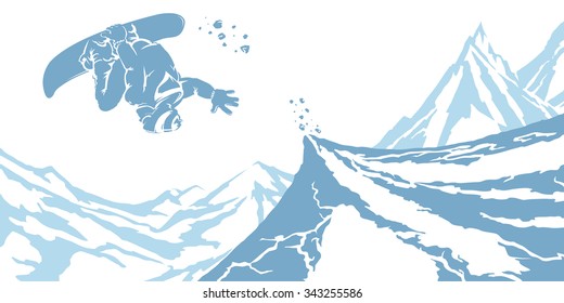 white blue image snowboarder on snow slope on a background of mountain peaks