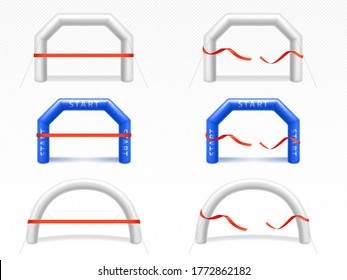 White and blue inflatable arch for sport running race  events, marathon or triathlon. Vector realistic set of blank balloon tubes different shapes for start and finish line with torn red ribbon svg