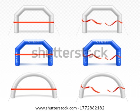 White and blue inflatable arch for sport running race  events, marathon or triathlon. Vector realistic set of blank balloon tubes different shapes for start and finish line with torn red ribbon