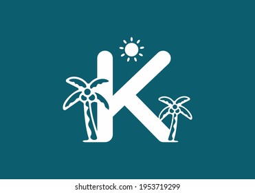 White and blue initial letter with coconut tree and sun design