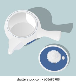 White with blue japanese ceramic tea pot with open cap.Vector illustration