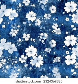 White and Blue Japanese Cherry Blossoms Sakura Kimono Yukata Seamless Pattern Wallpaper Background