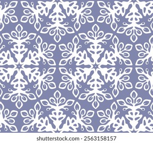 White blue lace seamless pattern design. Graphic background with snowflake elements. Floral repetitive boho illustration. Winter wallpaper art.