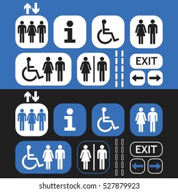 White and blue line and silhouette Man and Woman public access icons set on blue and black background