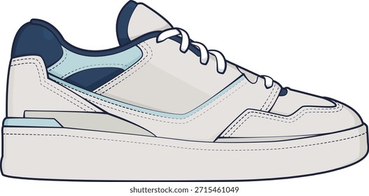 Ilustración vectorial de zapatillas bajas blancas y azules. Icono casual del zapato de tenis de la ropa de calle aislado en el fondo blanco.
