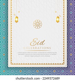 White and Blue Luxury Eid Mubarak Islamic Background with Decorative Ornament Frame and Lanterns