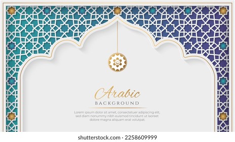 White and Blue Luxury Islamic Arch Background with Decorative Ornament Pattern