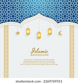 White and Blue Luxury Islamic Arch Background with Decorative Ornament Pattern - vector