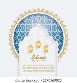 White and Blue Luxury Islamic Arch Background with Decorative Ornament Pattern , Vector Illustration Ramadan kareem