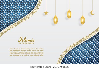 Weiß und Blau Luxus islamischer Hintergrund mit dekorativem Ziermuster und Laterne, Vektorgrafik Ramadan Kareem