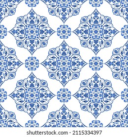 White and blue luxury vector seamless pattern. Ornament, Traditional, Ethnic, Arabic, Turkish, Indian motifs. Great for fabric and textile, wallpaper, packaging design or any desired idea. 