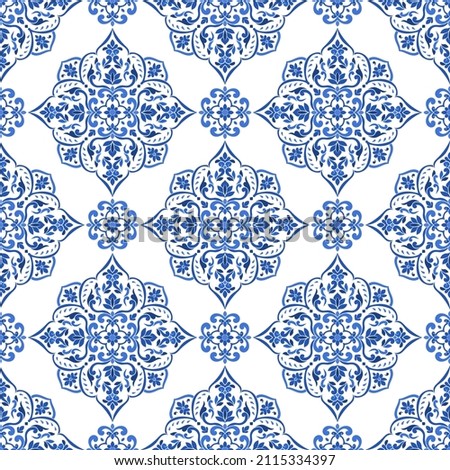 White and blue luxury vector seamless pattern. Ornament, Traditional, Ethnic, Arabic, Turkish, Indian motifs. Great for fabric and textile, wallpaper, packaging design or any desired idea. 