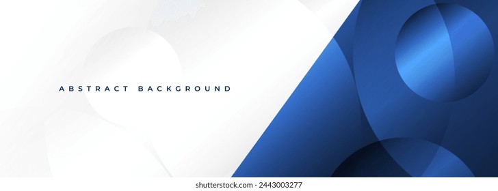 White and blue modern abstract wide banner with circles and geometric curve shapes. Dark blue and white abstract background. Vector illustration